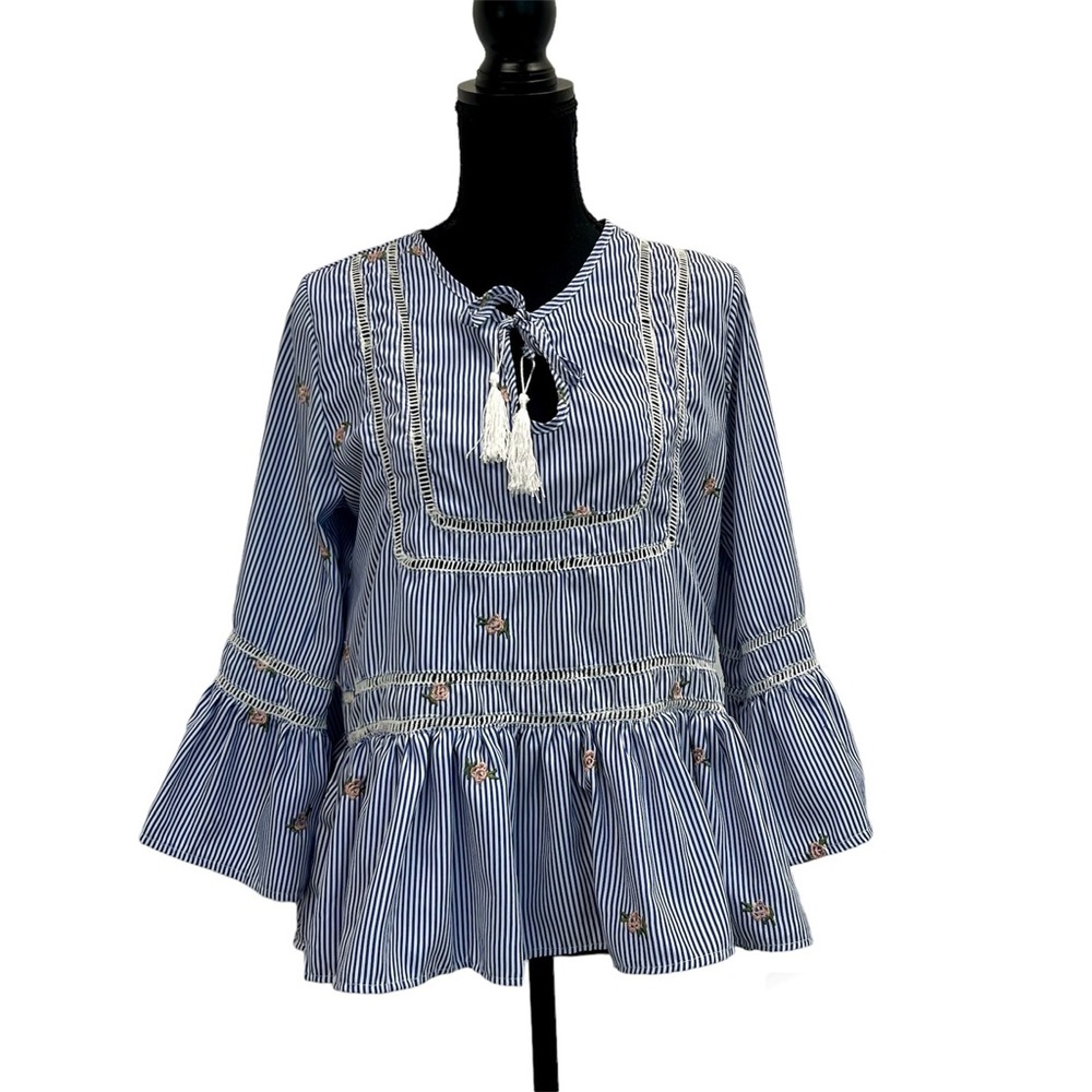 Jaase blue white striped floral flower babydoll ruffle frill tassel top blouse S